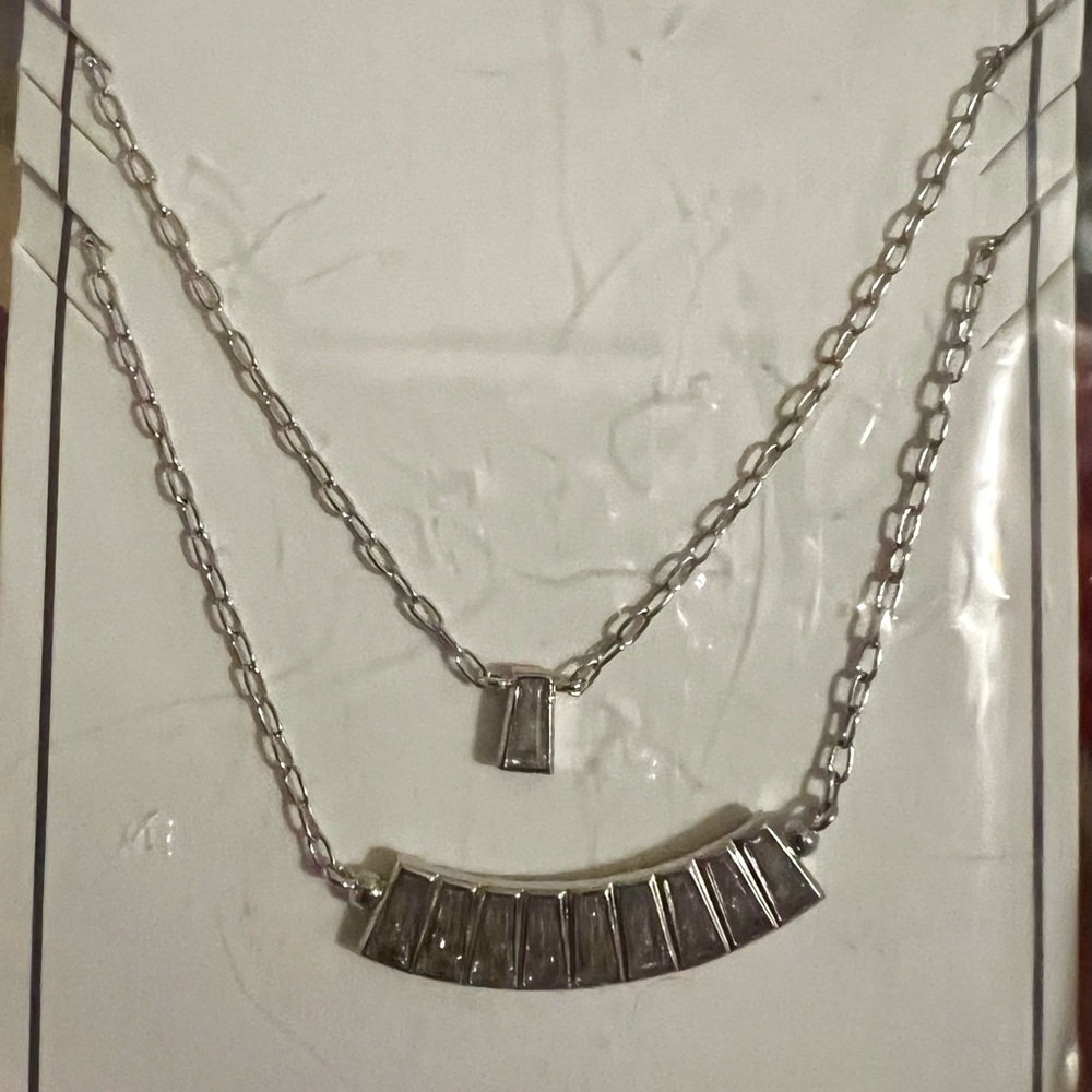 Beautiful Silver Double Chain Necklace with Crystal infused pendants.